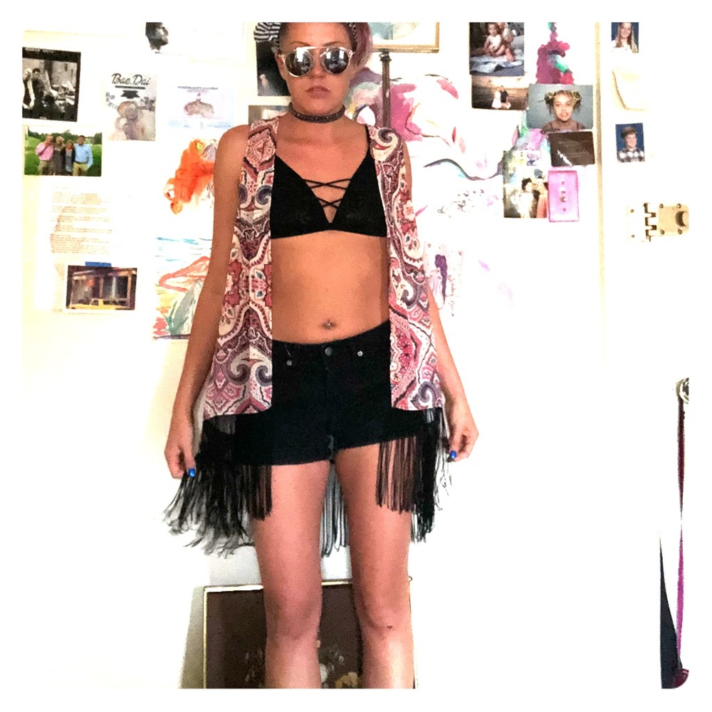 Hippy festival pattern long vest with tassels